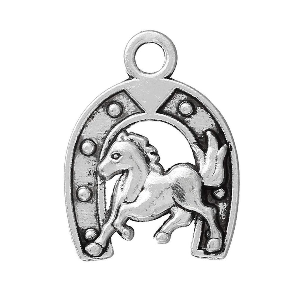6939 20pc Antiqued Silver Alloy Horseshoe Horse Carved Charms Pendants